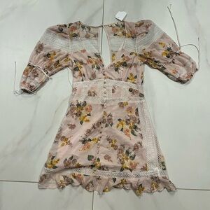 For Love And Lemons Pink Ruched Mini Dress with Puff Sleeves